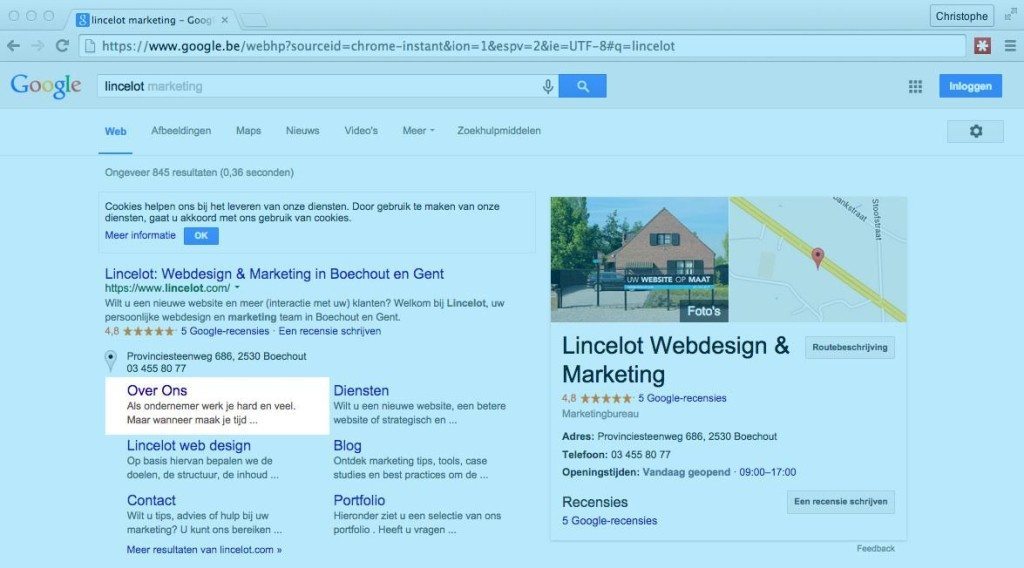 Snippet van onze 'Over ons' pagina in Google Snippet van 'Over ons' pagina in Google