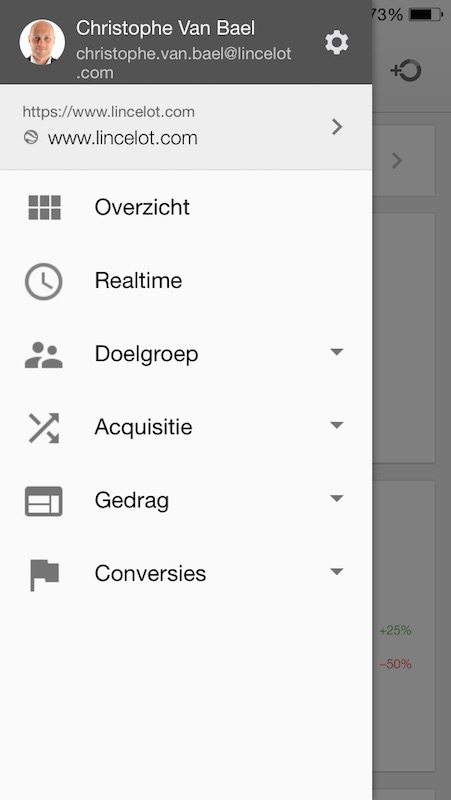 Menu met rapporten in Google Analytics App