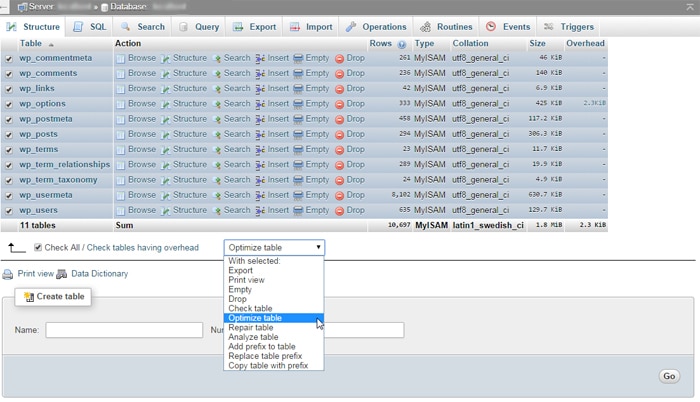 WordPress Database optimaliseren met phpmyadmin