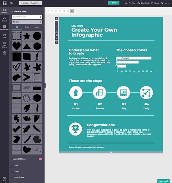 Online foto's bewerken - 5 gratis fototools - Piktochart Infographics elementen toevoegen - Lincelot