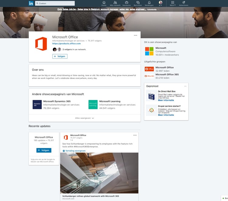 Voorbeeld LinkedIn Showcasepagina Microsoft - Lincelot