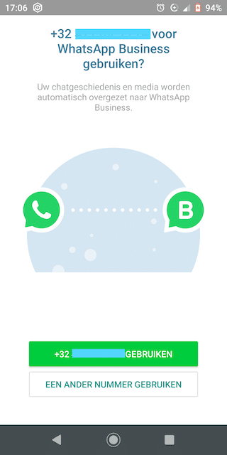 2. WhatsApp Business koppelt de app automatisch aan het nummer van je sim-kaart. Wil je een vast nummer gebruiken? Klik dan op ‘Een ander nummer gebruiken’ en geef je vast nummer in.