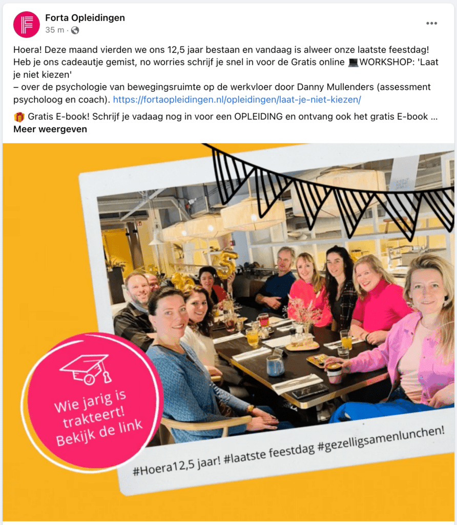 Facebook post van Forta opleiding die hun 12-jarig jubileum aankondigt en daarbij een give-away doet.