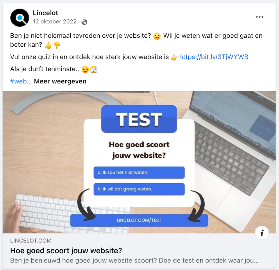 Screenshot van een Facebook post van Lincelot waarin we onze SEO quiz aankondigen.