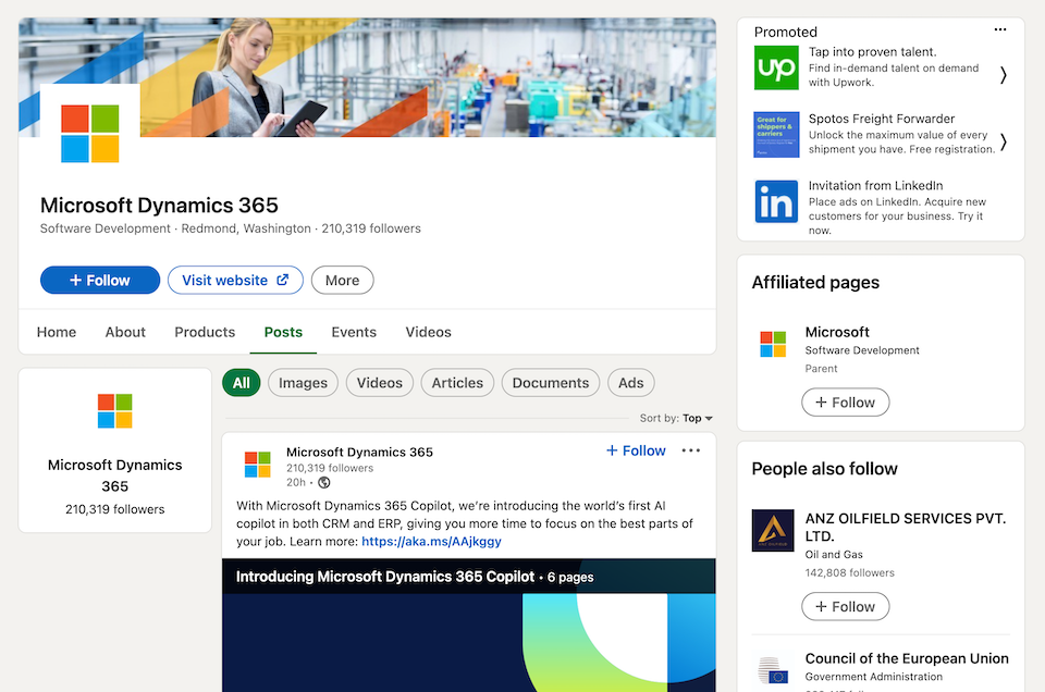 screenshot van LinkedIn: showcasepagina Microsoft dynamics 365